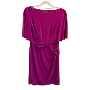 Lauren Ralph Lauren Magenta Ruched Flutter Sleeve Sheath Dress Size 8 Boat Neck